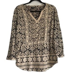 Lucky Brand Printed V-Neck Grey Cream Patterned Top Cotton Medium